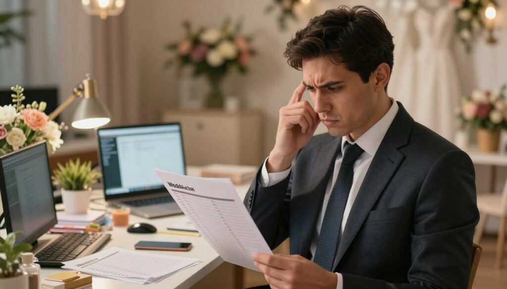 A human figure in professional business attire stands at the foreground, looking contemplatively at a wedding checklist, with a furrowed brow reflecting stress. In the middle ground, a vibrant, slightly cluttered workspace is shown, with wedding planning materials scattered around, symbolizing overwhelming preparations. The background features a soft focus of a wedding venue, with flowers and decor adding a sense of aspiration. The lighting is warm yet slightly dim, conveying a sense of pressure and urgency. The atmosphere is tense yet hopeful, capturing the emotional turmoil of wedding preparations. The angle is slightly elevated, creating a sense of depth and drawing the viewer into the scene without any distractions like text or logos.