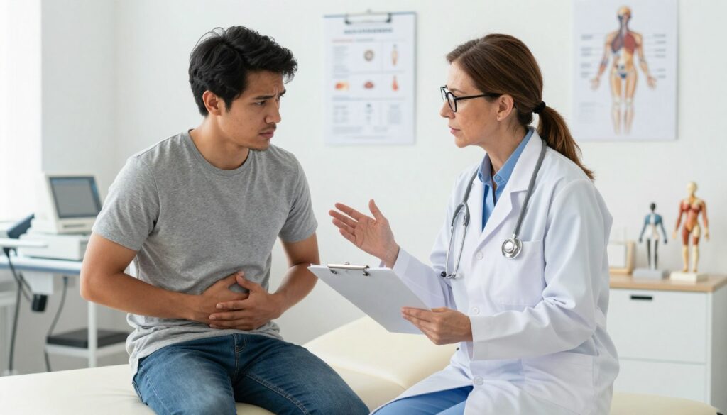 A medical consultation scene depicting a doctor in professional attire, attentively examining a patient sitting on an examination table. The doctor, a middle-aged Caucasian woman with glasses, holds a medical chart while the patient, a young Hispanic man, appears concerned yet calm. In the background, a clean and bright clinic environment filled with medical equipment, charts, and anatomical models creates a professional atmosphere. Soft, diffused lighting highlights their expressions, conveying a sense of care and professionalism. The camera angle captures both the doctor and patient in a medium shot, focusing on their interaction as the doctor explains the diagnostic process. The overall mood is reassuring and informative, emphasizing the importance of seeking medical advice when experiencing health issues such as rib pain linked to stress. A medical consultation scene depicting a doctor in professional attire, attentively examining a patient sitting on an examination table. The doctor, a middle-aged Caucasian woman with glasses, holds a medical chart while the patient, a young Hispanic man, appears concerned yet calm. In the background, a clean and bright clinic environment filled with medical equipment, charts, and anatomical models creates a professional atmosphere. Soft, diffused lighting highlights their expressions, conveying a sense of care and professionalism. The camera angle captures both the doctor and patient in a medium shot, focusing on their interaction as the doctor explains the diagnostic process. The overall mood is reassuring and informative, emphasizing the importance of seeking medical advice when experiencing health issues such as rib pain linked to stress.