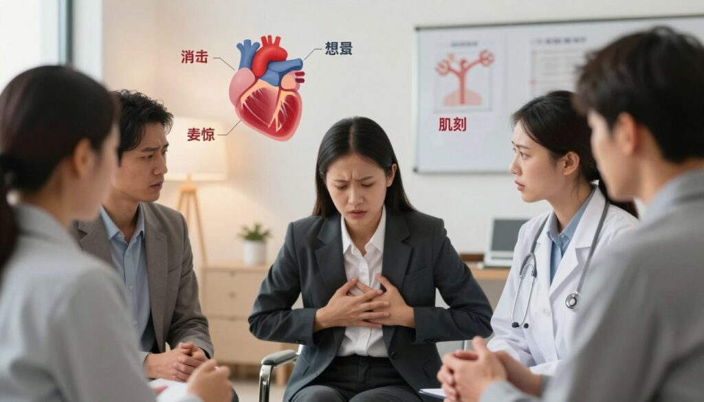 A medical consultation scene highlighting various physical sensations associated with chest pain. In the foreground, a diverse group of professional individuals—wearing business attire—are engaged in a discussion. Their expressions convey concern and curiosity about the underlying causes of chest discomfort. In the middle ground, a diagram or infographic style illustration shows common causes of chest pain like heartburn, anxiety, and muscle strain, arranged visually as overlapping layers for clarity. The background features a calm doctor's office setting with warm lighting that fosters a reassuring atmosphere. Use a soft-focus lens to create a sense of intimacy, emphasizing the seriousness of the topic while maintaining an informative tone.