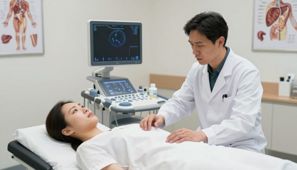 A medical examination room featuring a sophisticated diagnostic setup focused on abdominal examinations. In the foreground, a patient lying on an examination bed is attended by a healthcare professional in a white lab coat, both displaying expressions of concern and concentration. The middle ground showcases modern medical equipment, including an ultrasound machine and diagnostic tools, with anatomical charts related to abdominal health on the walls. The background contains soft lighting that creates a calm atmosphere, emphasizing cleanliness and professionalism. Utilize a balanced composition, captured from a slightly elevated angle to provide a comprehensive view of the scene. The overall mood should convey seriousness in addressing abdominal issues, reflecting the importance of thorough diagnosis. A medical examination room featuring a sophisticated diagnostic setup focused on abdominal examinations. In the foreground, a patient lying on an examination bed is attended by a healthcare professional in a white lab coat, both displaying expressions of concern and concentration. The middle ground showcases modern medical equipment, including an ultrasound machine and diagnostic tools, with anatomical charts related to abdominal health on the walls. The background contains soft lighting that creates a calm atmosphere, emphasizing cleanliness and professionalism. Utilize a balanced composition, captured from a slightly elevated angle to provide a comprehensive view of the scene. The overall mood should convey seriousness in addressing abdominal issues, reflecting the importance of thorough diagnosis.