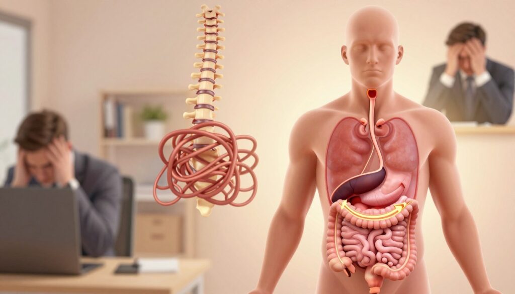 A medical illustration depicting the relationship between stress and hiatal hernia. In the foreground, a human silhouette shows the gastrointestinal system highlighting the esophagus and diaphragm, with arrows indicating reflux pathways. In the middle ground, visualize abstract representations of stress—like a tangled spine and a tightly coiled nervous system. The background features subtle images of common stressors, like a busy office and an overwhelmed person in professional attire, exuding anxiety. Use soft, warm lighting to evoke a sense of struggle and tension, while maintaining a clinical atmosphere. The image should be clear and focused, suitable for an educational article on gastrointestinal health, with no text or any extraneous elements. A medical illustration depicting the relationship between stress and hiatal hernia. In the foreground, a human silhouette shows the gastrointestinal system highlighting the esophagus and diaphragm, with arrows indicating reflux pathways. In the middle ground, visualize abstract representations of stress—like a tangled spine and a tightly coiled nervous system. The background features subtle images of common stressors, like a busy office and an overwhelmed person in professional attire, exuding anxiety. Use soft, warm lighting to evoke a sense of struggle and tension, while maintaining a clinical atmosphere. The image should be clear and focused, suitable for an educational article on gastrointestinal health, with no text or any extraneous elements.