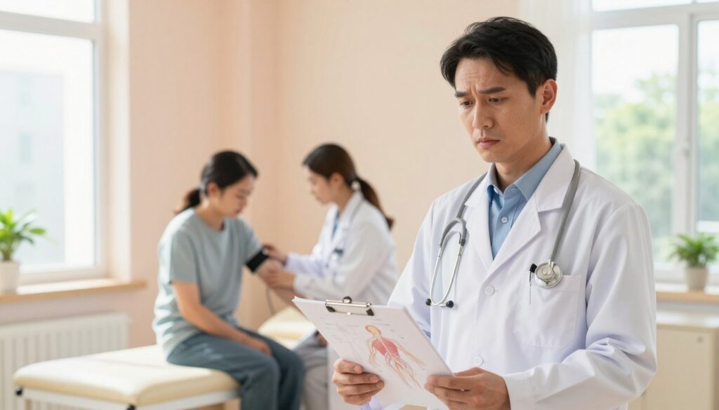 A medical professional, dressed in a crisp white lab coat and professional attire, stands in a bright, well-lit clinic, displaying a concerned expression. In the foreground, there is a medical chart with illustrations of the human nervous system and faint outlines of a person fainting. In the middle ground, a serene patient is seated on an examination table, looking slightly dizzy, while the doctor checks their pulse. The background features calming pastel-colored walls and a window showing a sunny day outside, contributing to a sense of hope and recovery. The lighting is soft and warm, casting gentle shadows to emphasize the comforting atmosphere of the clinic, aiming to evoke professionalism and empathy.