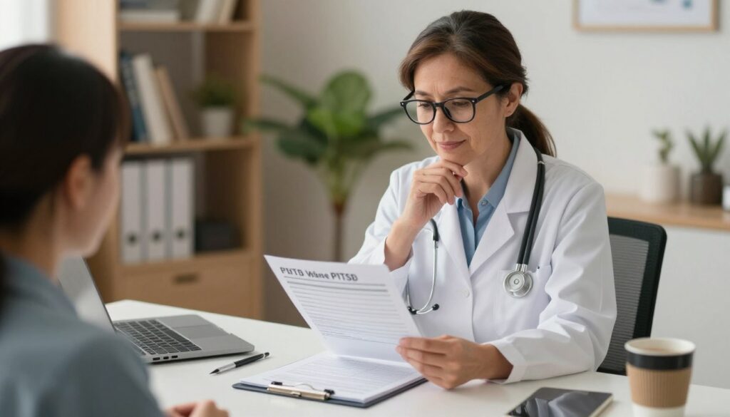 A medical professional, dressed in professional attire, is seated at a desk, examining a patient intake form. The forensic office is well-lit with soft, warm lighting, creating a calm atmosphere. In the foreground, the desk is cluttered with a few clinical tools, a notepad, and a cup of coffee. The middle ground features a blurred background of shelves filled with psychological books and a plant for a touch of nature. The professional, a middle-aged woman with glasses and a friendly expression, is engaged in serious contemplation, symbolizing the diagnostic process of PTSD. The angle is slightly overhead, capturing both her focused expression and the details of the items on her desk, emphasizing a clinical yet compassionate environment conducive to mental health assessments.