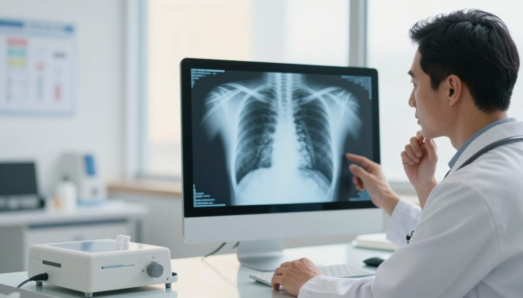 A medical professional in a sleek, modern clinic, analyzing chest X-rays on a digital screen with a focused expression. The foreground features the doctor, wearing a white lab coat and stethoscope, examining the images with a thoughtful demeanor. The middle ground includes the digital display of the X-rays, showcasing detailed views of the chest area, highlighting key areas of interest. In the background, medical charts and equipment are softly blurred to emphasize the investigatory atmosphere. The lighting is bright and clinical, creating a sense of professionalism and urgency, with natural light filtering through large windows, casting a warm glow. The overall mood is serious yet calm, reflecting the importance of medical diagnostics in understanding chest pain. A medical professional in a sleek, modern clinic, analyzing chest X-rays on a digital screen with a focused expression. The foreground features the doctor, wearing a white lab coat and stethoscope, examining the images with a thoughtful demeanor. The middle ground includes the digital display of the X-rays, showcasing detailed views of the chest area, highlighting key areas of interest. In the background, medical charts and equipment are softly blurred to emphasize the investigatory atmosphere. The lighting is bright and clinical, creating a sense of professionalism and urgency, with natural light filtering through large windows, casting a warm glow. The overall mood is serious yet calm, reflecting the importance of medical diagnostics in understanding chest pain.