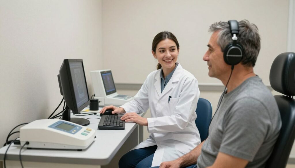 A medical setting featuring an Audiologist conducting a hearing test. In the foreground, a focused middle-aged male patient in a professional casual outfit sits in a testing booth, wearing headphones connected to audio equipment. In the middle ground, the Audiologist, a young woman in a white lab coat, operates a computerized hearing test device while explaining the process with a friendly smile. The background includes soundproof walls and various audiometry tools, creating an atmosphere of clinical professionalism. Soft, bright overhead lighting enhances the clarity of the scene, lending a calm and reassuring mood. The image is captured from an eye-level angle to emphasize the interaction between the patient and the audiologist, fostering a sense of connection and trust.