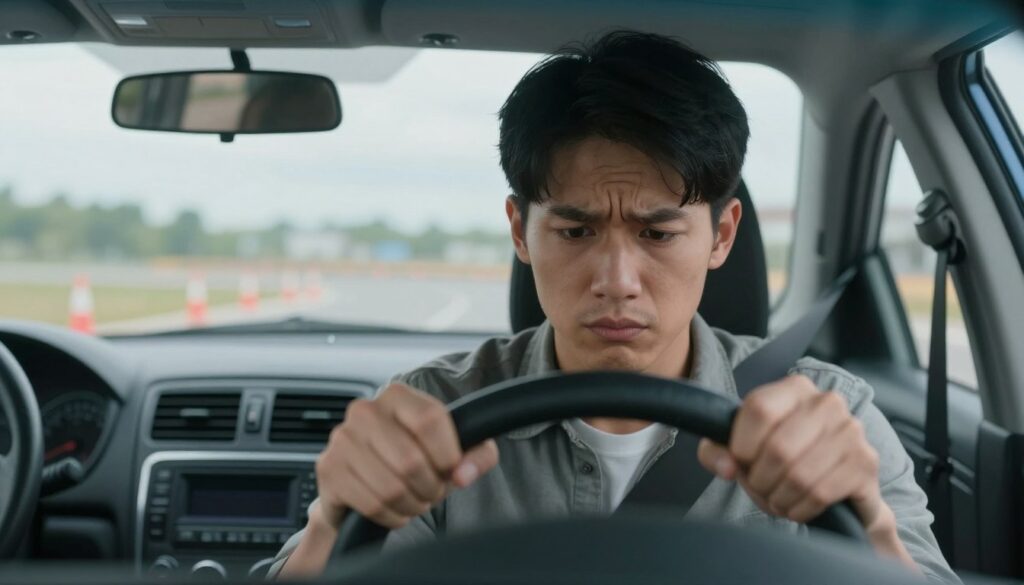 A nervous young adult sitting in a car with a focused expression, gripping the steering wheel tightly. The foreground features their tense hands and furrowed brow, highlighting the anxiety of preparing for a driving exam. In the middle ground, the car's interior is visible, with the dashboard and rearview mirror reflecting slight tension. The background shows an outdoor driving test route with blurred traffic cones and a cloudy sky, creating a sense of impending challenge. Soft, diffused lighting enhances the mood, suggesting an early morning atmosphere. The overall composition conveys both the pressure of the upcoming test and a glimmer of determination to overcome nerves.