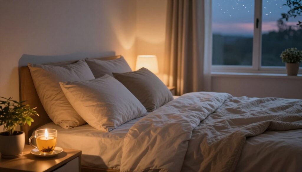 A peaceful, serene bedroom scene at dusk, featuring a cozy bed with soft, inviting pillows and a light quilt. In the foreground, a bedside table adorned with a calming herbal tea and a small potted plant emits an uplifting, tranquil energy. The middle ground showcases the bed with gently illuminated walls, casting a warm glow that enhances the comforting atmosphere. In the background, a window reveals a twilight sky, speckled with stars, inviting a sense of tranquility and restfulness. The scene is softly lit by warm, ambient light, evoking relaxation and stability. This image captures the essence of sleep as a foundation for stress relief and rejuvenation, highlighting comfort and serenity in a visually calming manner.