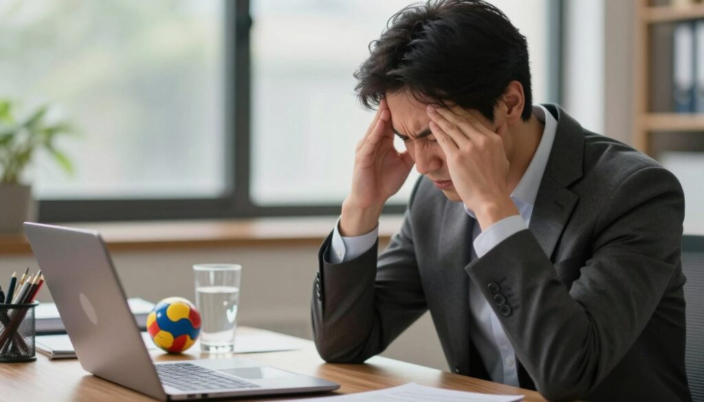 A person in a professional business attire sitting at a desk, visibly distressed, holding their forehead in a gesture of pain, capturing the essence of a headache. The foreground shows their tense facial expression and clenched jaw, highlighting discomfort. In the middle ground, a cluttered desk with a laptop, stress ball, and a glass of water, symbolizing the chaotic environment contributing to their stress. The background features a softly lit office space through a window, with subtle hints of greenery suggesting a calm outside world, contrasting with the person's emotional state. The lighting is warm and soft, creating a contemplative atmosphere that invites viewers to empathize with the struggle of dealing with stress-induced headaches, while also hinting at alternative relief methods.