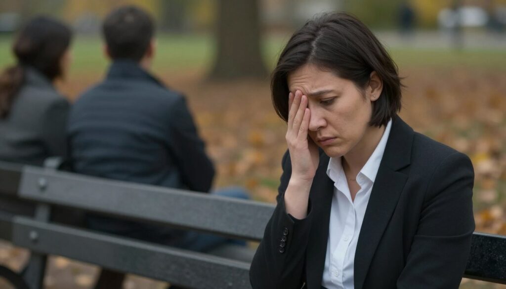 A person sitting alone on a park bench, looking contemplative and slightly distressed, dressed in professional attire. In the foreground, focus on their expressive face showing a mixture of sadness and resilience, framed by soft natural lighting that highlights their features. In the middle ground, blurry autumn leaves create a sense of change and transition, symbolizing the complexities of emotional turmoil. In the background, faint silhouettes of supportive figures can be seen, representing the community and support available, with muted colors to evoke a thoughtful atmosphere. The overall mood is reflective and somber, capturing the essence of complex trauma and the journey toward healing, portrayed in a safe and sensitive manner.