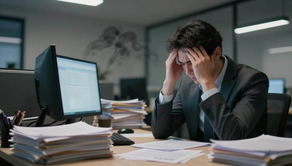 A person sitting at a cluttered desk in an office environment, holding their head in distress while surrounded by stacks of paperwork and a blinking computer screen. In the foreground, the individual appears overwhelmed, dressed in smart business attire, with visible signs of fatigue and anxiety. In the middle ground, a subtle representation of chaotic thoughts emerges, like fleeting shadows or wisps of dark mist symbolizing stress. In the background, a dimly lit office space, with harsh fluorescent lights casting long shadows, enhancing the atmosphere of pressure and tension. The image should evoke a sense of urgency and emotional burden, capturing the impact of chronic stress on mental health. Soft, muted colors should dominate to reflect a somber mood, emphasizing the seriousness of the subject. A person sitting at a cluttered desk in an office environment, holding their head in distress while surrounded by stacks of paperwork and a blinking computer screen. In the foreground, the individual appears overwhelmed, dressed in smart business attire, with visible signs of fatigue and anxiety. In the middle ground, a subtle representation of chaotic thoughts emerges, like fleeting shadows or wisps of dark mist symbolizing stress. In the background, a dimly lit office space, with harsh fluorescent lights casting long shadows, enhancing the atmosphere of pressure and tension. The image should evoke a sense of urgency and emotional burden, capturing the impact of chronic stress on mental health. Soft, muted colors should dominate to reflect a somber mood, emphasizing the seriousness of the subject.