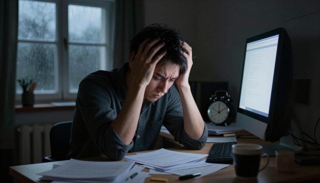 A person sitting at a cluttered desk, their face showing signs of fatigue and overwhelm, embodying the effects of long-term stress. In the foreground, focused on their furrowed brow and weary eyes, with scattered papers and a glowing computer screen creating a chaotic atmosphere. The middle ground features a dimly lit room with stress-inducing elements like a ticking clock and coffee cups, emphasizing the passage of time. In the background, a window reveals a rainy, gray sky, casting a somber light. The mood should evoke a sense of tension and unease, capturing the silent accumulation of stress. Use soft lighting to highlight shadows, creating a dramatic effect, and maintain a tight focus on the subject to evoke a feeling of isolation in their struggles.