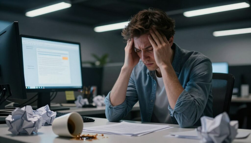 A person sitting at an office desk, appearing overwhelmed and stressed, with their hands clasped at their temples and eyes closed, embodying physical symptoms of stress. In the foreground, a spilled coffee cup on the desk symbolizes chaos, while the middle ground features crumpled papers and a glowing computer screen displaying emails. The background shows a cluttered office environment, dimly lit with harsh fluorescent lights creating a stark and cold atmosphere. The color palette is muted, emphasizing the weight of stress. The scene captures the emotional turmoil and physical strain of stress, inviting viewers to empathize with the struggle. The overall mood is heavy yet insightful, aiming to evoke a sense of urgency to address these symptoms.