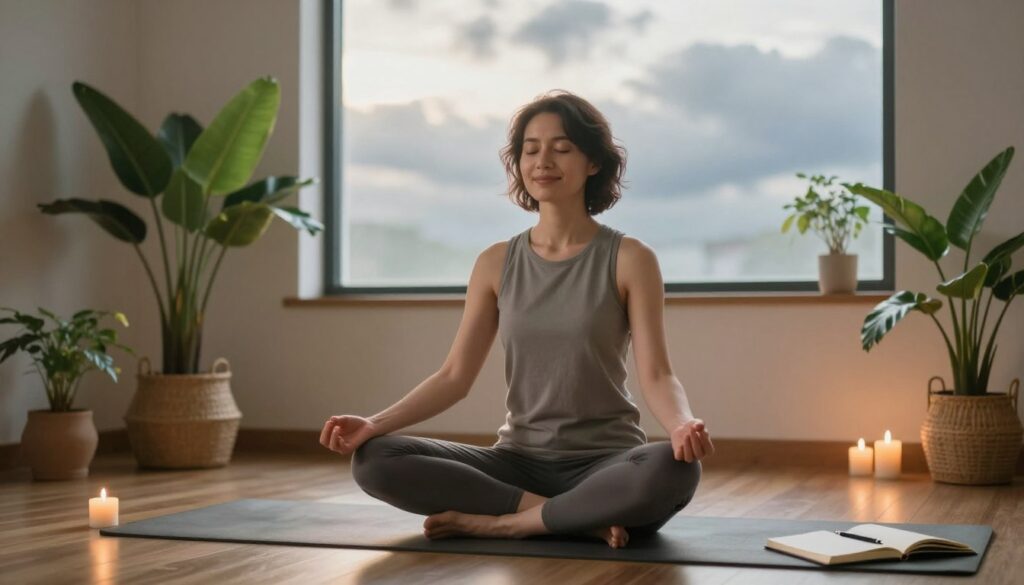 A person sitting cross-legged on a serene yoga mat in a softly lit, peaceful room, surrounded by indoor plants and calming colors. The individual is in a moments of mindfulness, with closed eyes and a gentle smile, embodying a sense of tranquility amidst chaos. In the background, a large window reveals a cloudy sky, subtly suggesting external stress. Sunlight filters through, creating soft, warm rays that illuminate the scene, enhancing the atmosphere of calmness. A few well-placed candles emit a gentle glow, and an open notebook with a pen lies nearby, representing personal reflection and control over one's emotions. The composition focuses on the individual, capturing a sense of balance and peace in a moment of self-care.