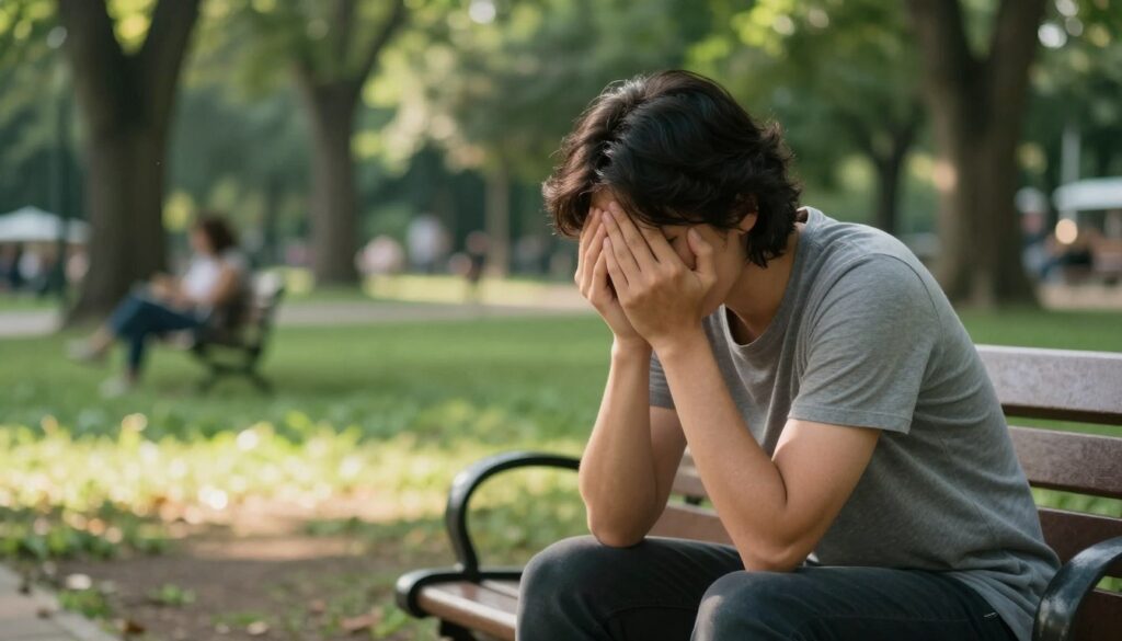 A person sitting on a wooden bench in a serene park, their expression contemplative and slightly troubled, embodying the concept of stress without obvious cause. In the foreground, focus on their hands clasped together nervously. The middle ground features lush greenery, blurred to emphasize the subject's isolation despite the peaceful environment. Soft afternoon sunlight filters through leaves, creating delicate patterns on the ground. In the background, faint outlines of other park-goers engaged in leisure activities, subtly highlighting the contrast of the main subject's internal struggle with the lively surroundings. The overall mood is reflective and introspective, conveying a sense of seeking help while surrounded by calmness. The scene is framed in a slightly tilted angle, adding an element of emotional disarray.