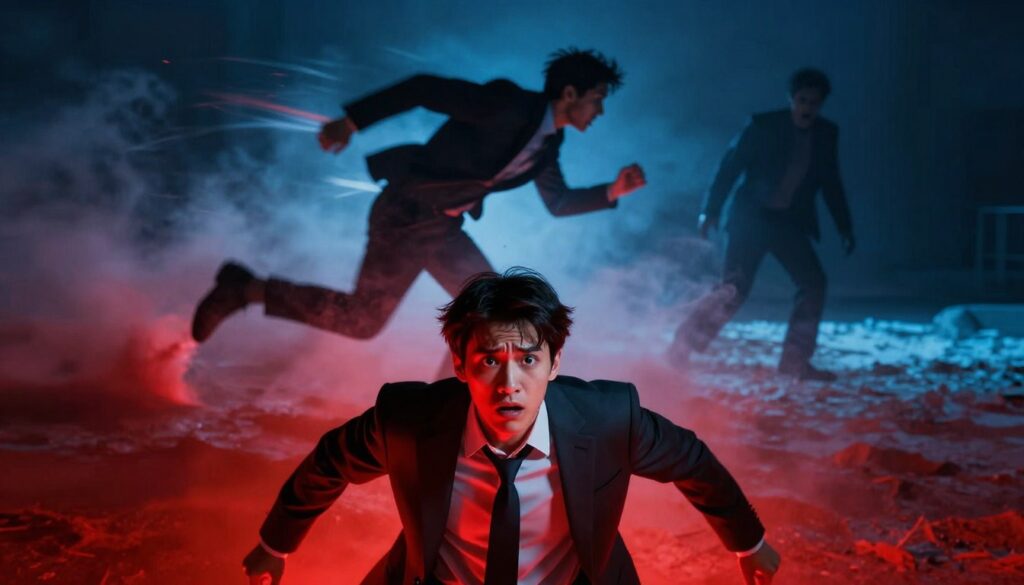 A powerful representation of the "mechanism of stress" in the human body, showcasing three responses: fight, flight, and freeze. In the foreground, depict a person in a business suit, wide-eyed and tense, embodying the fight response, surrounded by intense, bright red hues and sharp lighting to signify alarm. The middle layer shows another figure, poised for flight, sprinting away with blurred motion effects, enhanced by cool blue tones to contrast with the first figure's intensity. In the background, a silhouette of a person, frozen in fear, merges with dark shadows that evoke a sense of entrapment. Use a dramatic lighting angle to create depth and tension within the scene, capturing the complex emotional landscape of stress. The overall atmosphere should feel urgent and dynamic, symbolizing the body's automatic reaction to threats.