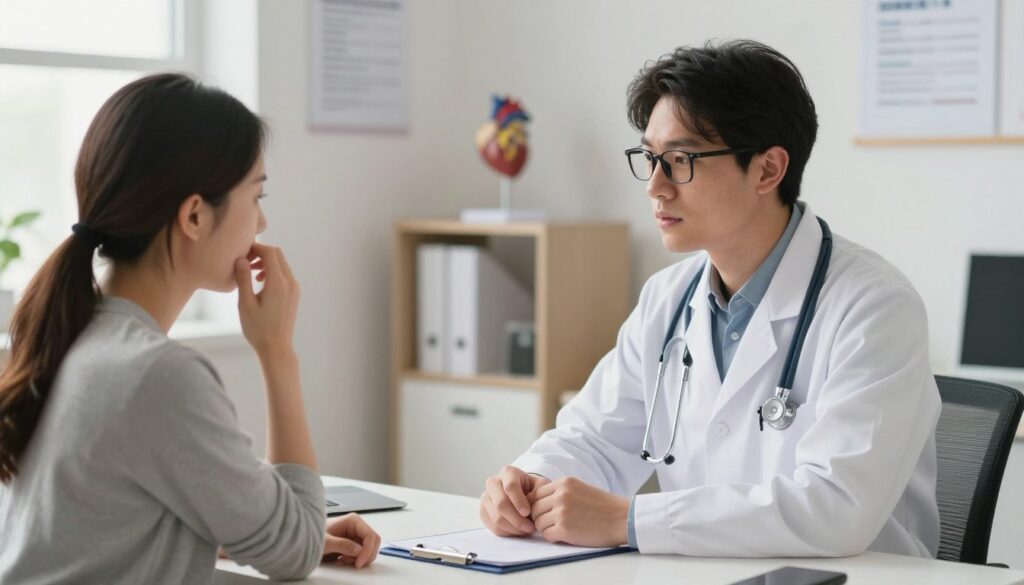 A professional cardiologist and a patient engaged in a focused conversation about heart health symptoms exacerbated by stress. The cardiologist, wearing a white coat and glasses, is seated at a modern medical office desk, with a stethoscope around their neck. The patient, casually dressed in a modest shirt, appears attentive and concerned. In the background, medical charts and a heart model are displayed on shelves, adding context to the discussion. Soft, natural light filters through a window, creating a warm, inviting atmosphere. The camera angle is slightly elevated to capture both faces clearly, emphasizing the connection between the cardiologist's expertise and the patient's inquiry. The mood is serious yet supportive, reflecting a professional setting devoted to health and well-being.