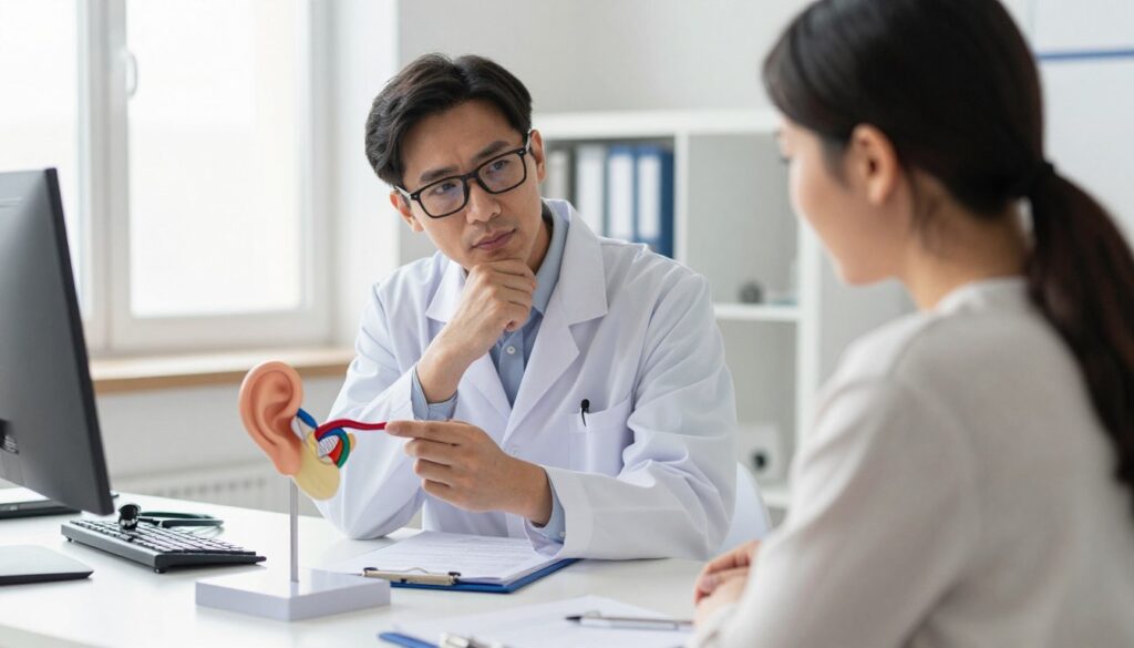 A professional doctor in a modern office setting, wearing a white coat and glasses, attentively examining an anatomical model of the inner ear, with a focus on the vestibular system to illustrate "leczenie zapalenia błędnika" (treatment of labyrinthitis). The foreground features a detailed model highlighting the ear structures, while the middle ground includes the doctor with a thoughtful expression, surrounded by medical books and a stethoscope. In the background, soft natural light streams through a window, creating a calm atmosphere. The overall mood is one of professionalism and care, as the doctor discusses treatment options with a patient seated at the desk, emphasizing the connection between stress and vestibular symptoms.