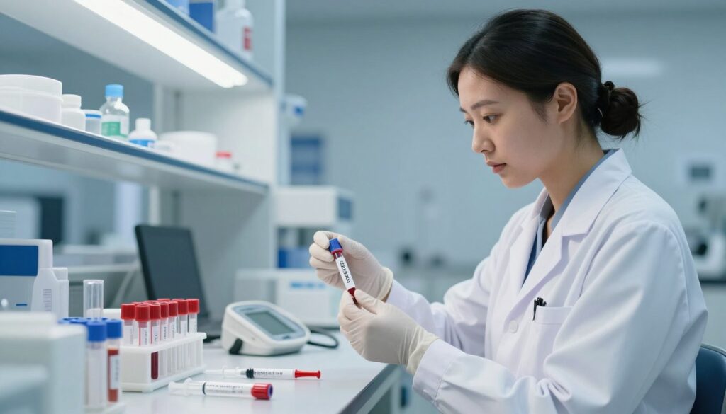 A professional healthcare setting showcasing a blood test for cortisol levels. In the foreground, a skilled healthcare professional, dressed in a white lab coat and gloves, is carefully preparing a blood sample with attention to detail. Their focused expression highlights the precision required for the test. In the middle, a lab bench filled with medical equipment like test tubes, syringes, and a blood pressure monitor creates an organized atmosphere. In the background, a well-lit laboratory with bright overhead lights and sterile blue walls enhances the clinical environment. Soft shadows add depth, conveying a mood of professionalism and trust. The image captures the essence of scientific rigor and patient care, emphasizing the importance of cortisol testing in health management.