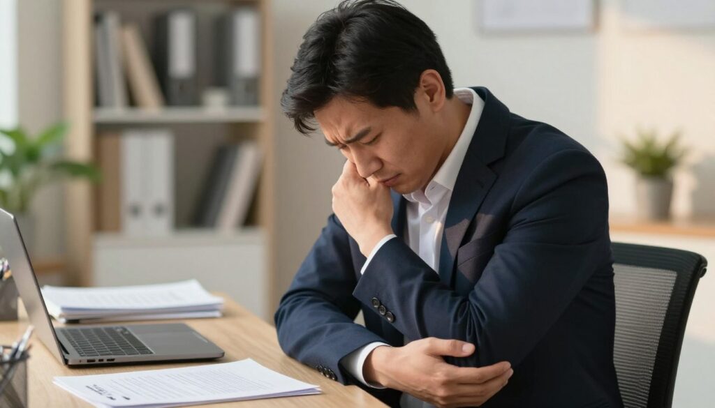 A professional individual, dressed in smart business attire, sits in a well-lit office setting, visibly expressing concern while holding their arm under their armpit. The focus is on their facial features showing a mix of stress and discomfort, capturing the essence of tension. The foreground emphasizes their thoughtful posture, while the middle ground reveals a desk cluttered with paperwork and a laptop, indicating a busy work environment. In the background, soft-focus elements like a bookshelf and a potted plant enhance the office ambiance, creating a serious yet professional atmosphere. The lighting is warm and inviting, casting gentle shadows to bring depth to the scene, signaling the importance of addressing health concerns related to stress.