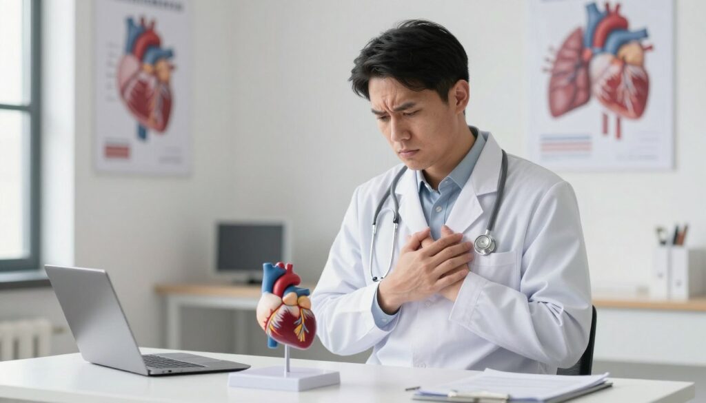 A professional male doctor in a crisp white coat stands thoughtfully in a well-lit examination room, examining a human heart model placed on a clean, modern desk. The background features medical posters showing the anatomy of the heart and lungs, emphasizing a clinical atmosphere. Natural light streams through a window, casting soft shadows and creating a calm yet focused mood. The doctor, with a furrowed brow and a pen in hand, appears engaged in study and consideration, symbolizing the discernment between stress-related chest pain and heart disease. The image should evoke a sense of professionalism, care, and urgency in health. Avoid any text or additional elements that might distract from the central theme of medical examination.