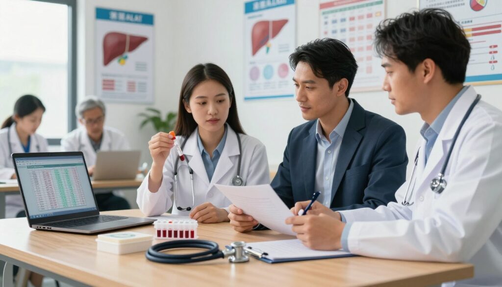 A professional medical setting showcasing various diagnostic tools and charts related to elevated ALAT levels. In the foreground, a well-organized wooden desk features medical instruments like a stethoscope, a blood sample kit, and a laptop displaying charts with data. In the middle, a diverse group of healthcare professionals in business attire, including a woman examining a blood sample and a man discussing results with a colleague, convey collaboration and investigation. The background highlights a wall adorned with educational posters about liver health and stress impact on test results. Soft, natural lighting from a window creates a calm and focused atmosphere, inviting viewers into a serious yet hopeful environment of medical inquiry.