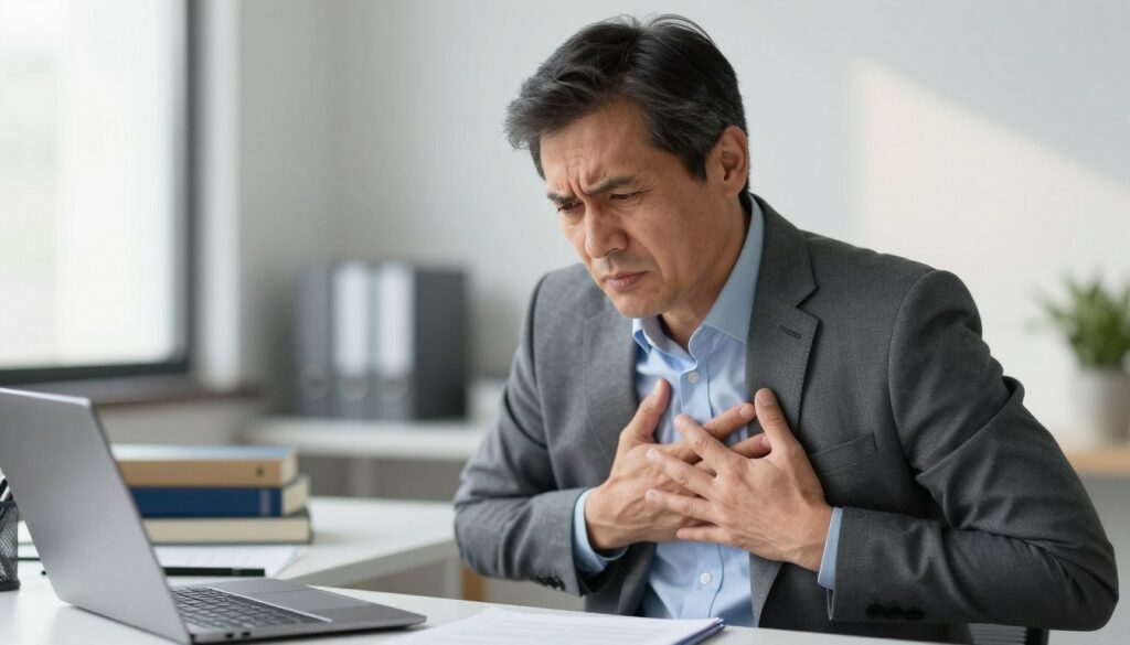A professional middle-aged man wearing a smart casual outfit, sitting at a desk in a modern office, holding his chest with a worried expression, portraying the symptoms of chest pain and stress. The foreground shows the man's face in close-up, highlighting his concerned eyes and furrowed brow. In the middle, the desk is cluttered with medical books and a laptop, hinting at his efforts to understand his symptoms. The background features a softly lit office with a calming color palette, emphasizing a sense of anxiety yet hope. Natural light filters through a window, casting soft shadows, creating an atmosphere of reflection and urgency. Overall, the image captures the serious yet relatable aspect of dealing with health concerns and stress.