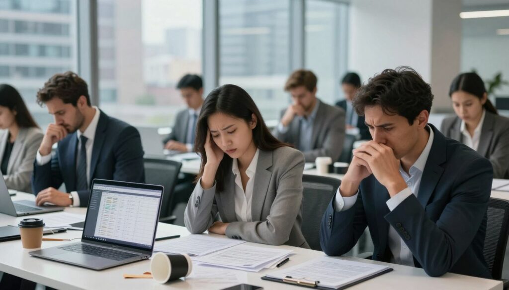 A professional office environment where stressors of work and life are visually represented. In the foreground, a diverse group of professionals—two men and a woman—are engaged in deep thought, exhibiting expressions of tension and contemplation, dressed in smart business attire. The middle ground features a cluttered desk with papers, a laptop displaying a busy schedule, and a coffee cup tipped over, symbolizing chaos and overwhelming demands. In the background, large windows reveal a bustling urban cityscape, with soft, ambient lighting cascading through, creating a contrast between the chaos of work and the calm outside. The overall mood is reflective and serious, capturing the essence of cognitive appraisal in stress management. A professional office environment where stressors of work and life are visually represented. In the foreground, a diverse group of professionals—two men and a woman—are engaged in deep thought, exhibiting expressions of tension and contemplation, dressed in smart business attire. The middle ground features a cluttered desk with papers, a laptop displaying a busy schedule, and a coffee cup tipped over, symbolizing chaos and overwhelming demands. In the background, large windows reveal a bustling urban cityscape, with soft, ambient lighting cascading through, creating a contrast between the chaos of work and the calm outside. The overall mood is reflective and serious, capturing the essence of cognitive appraisal in stress management.