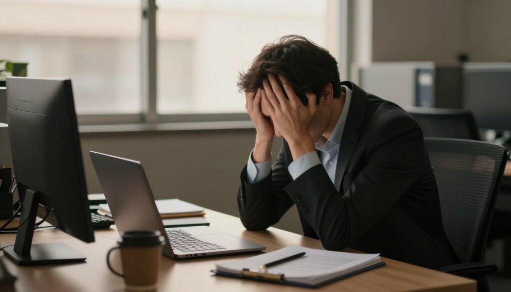 A professional office scene depicting a person in business attire sitting at a cluttered desk, head in hands, showing signs of stress and fatigue. The foreground features tools of work—laptops, notebooks, and coffee mugs, illustrating a demanding work environment. In the middle, a window casts soft, diffused light onto the scene, symbolizing a sense of isolation and overwhelm. The background includes blurred outlines of office cubicles, conveying a bustling workplace that feels distant and overwhelming. The mood is somber, reflecting the weight of exhaustion and burnout, emphasizing the urgent need for self-care and awareness of warning signs. The lighting is warm yet muted, enhancing the feeling of fatigue.