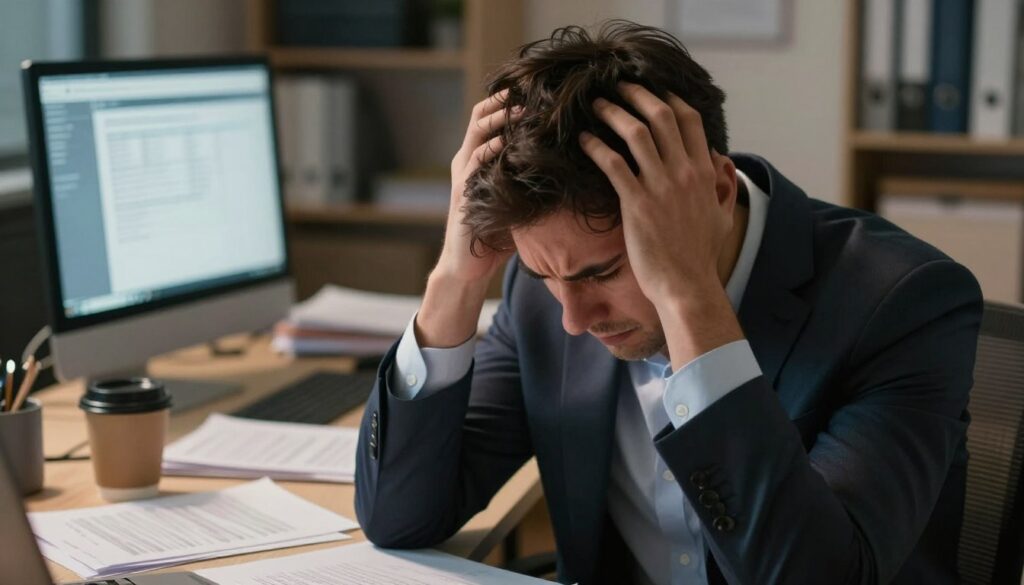A professional setting depicting a close-up of a stressed individual in business attire, seated at a desk surrounded by paperwork. The foreground emphasizes the person's worried expression, hands gripping their hair, showcasing signs of mental exhaustion and anxiety. In the middle ground, a cluttered desk with a coffee cup, scattered files, and a computer screen displaying overwhelming information, conveying a sense of chaos. The background reveals a softly lit office space with blurred shelves, enhancing the focus on the subject's stress. The lighting is warm yet dim, creating a somber atmosphere. Capture the weight of stress visually, with a shallow depth of field to bring the subject's emotions to the forefront, avoiding any distraction from the main themes. A professional setting depicting a close-up of a stressed individual in business attire, seated at a desk surrounded by paperwork. The foreground emphasizes the person's worried expression, hands gripping their hair, showcasing signs of mental exhaustion and anxiety. In the middle ground, a cluttered desk with a coffee cup, scattered files, and a computer screen displaying overwhelming information, conveying a sense of chaos. The background reveals a softly lit office space with blurred shelves, enhancing the focus on the subject's stress. The lighting is warm yet dim, creating a somber atmosphere. Capture the weight of stress visually, with a shallow depth of field to bring the subject's emotions to the forefront, avoiding any distraction from the main themes.