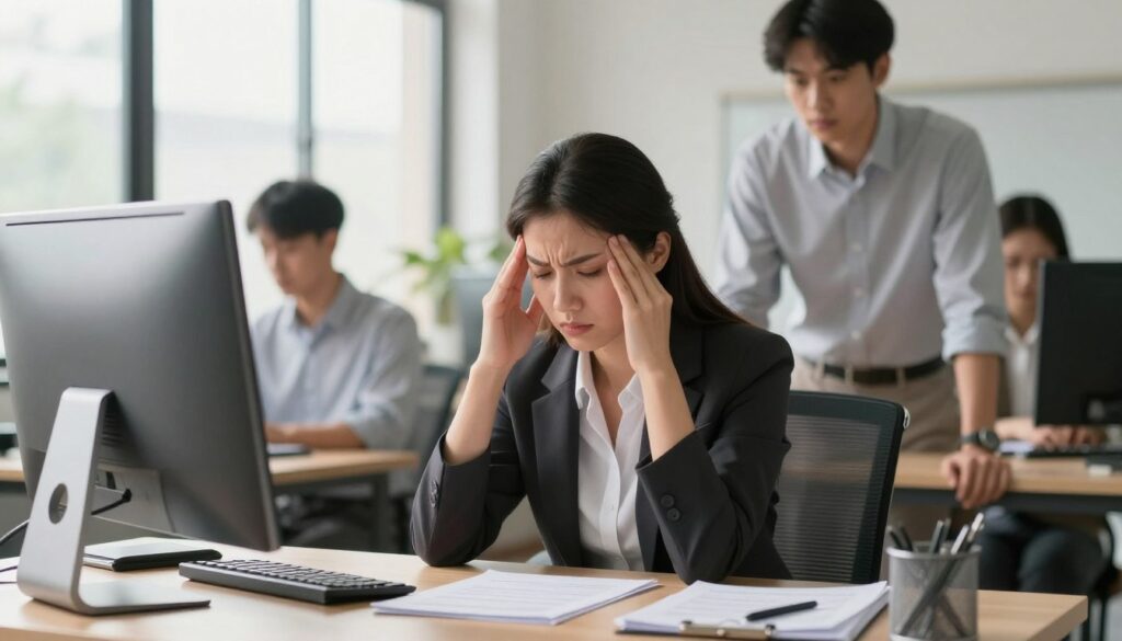 A professional woman in an office setting, experiencing stress and anxiety. She is seated at a desk with her hands on her temples, conveying a sense of overwhelming pressure. The foreground should capture her worried expression and neatly arranged workspace with a computer and paperwork. In the middle ground, colleagues can be seen, some offering support and concern, while others continue their tasks unnoticed. The background features large windows letting in natural light, casting soft shadows that create a calming yet tense atmosphere. The focus should be on the woman, with a shallow depth of field, using warm lighting to emphasize the emotional struggle. Overall, the image should convey the complexity of stress-induced fainting, highlighting the balance between professionalism and vulnerability.