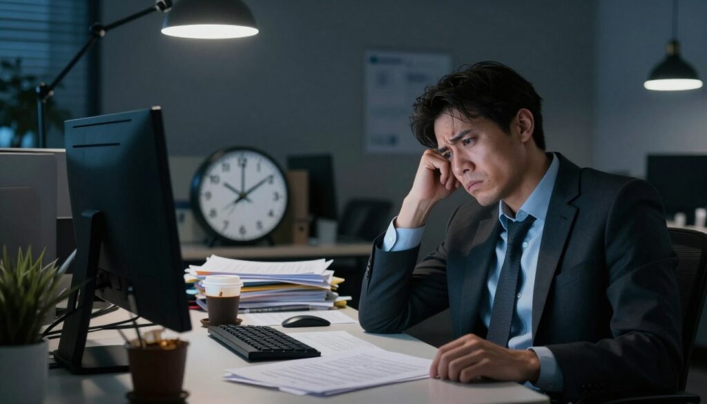 A professional workspace in disarray, emphasizing the theme of burnout. In the foreground, a weary office worker, dressed in business attire, sits at a cluttered desk with scattered papers and a flickering computer screen. Their expression shows exhaustion and frustration. In the middle background, a clock ticks loudly, indicating late hours, while a half-empty coffee cup symbolizes reliance on caffeine. The background features dim office lighting with shadows creeping in, evoking a sense of isolation and pressure. Soft focus on the worker's face contrasts with sharp details on the chaotic desk items, creating a tense atmosphere that captures the overwhelming effects of chronic workplace stress.