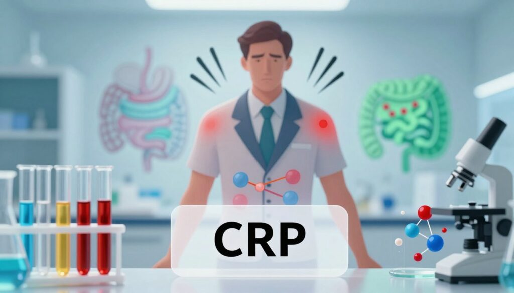A scientific illustration depicting the relationship between stress and inflammation, focusing on CRP (C-reactive protein) and cytokines. In the foreground, show laboratory glassware with colorful solutions representing blood tests, alongside a graphical representation of cytokine molecules. In the middle ground, a human silhouette in professional attire, with radiating stress lines and visual indicators of inflammation (like red spots) on the body. The background features an abstract representation of the immune system, using soft blue and green tones to convey calmness amidst the chaos of stress. Bright, ambient lighting enhances the scientific atmosphere, with a slight depth of field effect to emphasize the foreground elements. The mood is informative and serious, suitable for a medical or health-related topic. A scientific illustration depicting the relationship between stress and inflammation, focusing on CRP (C-reactive protein) and cytokines. In the foreground, show laboratory glassware with colorful solutions representing blood tests, alongside a graphical representation of cytokine molecules. In the middle ground, a human silhouette in professional attire, with radiating stress lines and visual indicators of inflammation (like red spots) on the body. The background features an abstract representation of the immune system, using soft blue and green tones to convey calmness amidst the chaos of stress. Bright, ambient lighting enhances the scientific atmosphere, with a slight depth of field effect to emphasize the foreground elements. The mood is informative and serious, suitable for a medical or health-related topic.