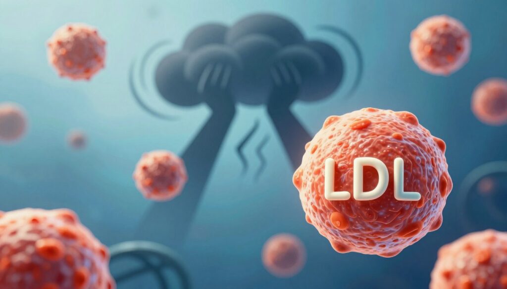 A scientific illustration focused on LDL cholesterol at the forefront, depicted as vibrant, spherical lipoprotein particles with a glossy surface, showcasing various sizes. In the middle ground, visualize an abstract representation of stress, perhaps illustrated by swirling dark clouds or jagged lines, signifying tension impacting lipid metabolism. The background features a soft gradient of calming blue hues, symbolizing a contrast between stress and health. Light filters through the image, casting gentle shadows that enhance the 3D effect of the cholesterol particles. The overall atmosphere conveys urgency yet hope, emphasizing the connection between stress and cholesterol levels, without any text or visual disruptions.