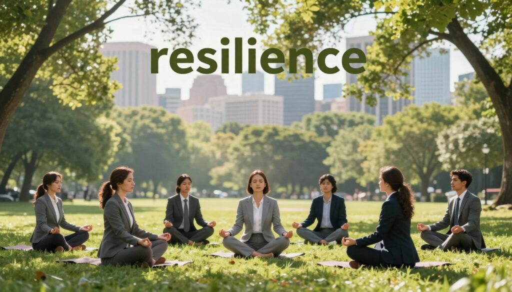 A serene and balanced composition illustrating the concept of "resilience" in the face of stress. In the foreground, a calm, diverse group of people in professional business attire practice mindfulness and meditation, sitting together in a lush, green park. In the middle ground, gentle rays of sunlight filter through the leaves, softening the vibrant colors of the natural environment, symbolizing health and vitality. The background features a skyline of a bustling city, representing the stressors of modern life. The mood is peaceful and hopeful, emphasizing the strength and harmony within, with a focus on emotional and physical well-being. Utilize soft lighting and a shallow depth of field to draw attention to the subjects in the foreground while maintaining a sense of tranquility throughout the scene.