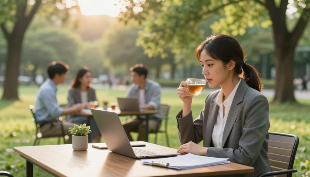 A serene and balanced workspace depicting work-life harmony. In the foreground, a professional woman in smart casual attire is seen enjoying a cup of tea at a beautifully arranged outdoor desk with a laptop open, symbolizing flexible work conditions. The middle ground features a vibrant green park setting, with colleagues having a leisurely discussion, embodying teamwork and connection away from traditional office constraints. In the background, soft sunlight filters through leafy trees, creating a warm and inviting atmosphere. The scene captures a sense of peace and rejuvenation, emphasizing boundaries between work and personal life. The lighting should be soft and natural, showcasing early evening tones with a gentle glow, conveying relaxation and inspiration.