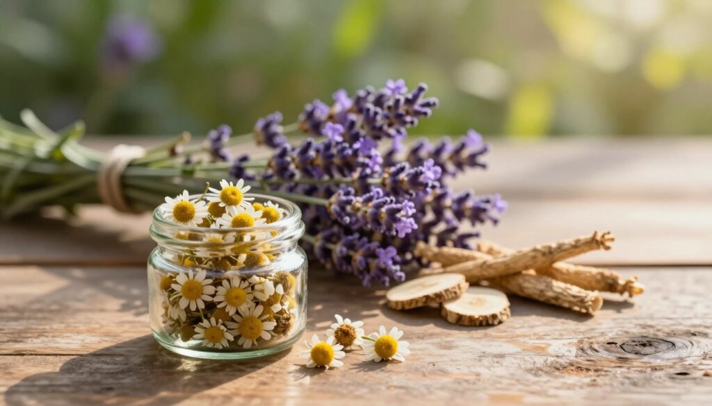 A serene and calming arrangement of various calming herbs such as chamomile, lavender, and valerian root, artistically displayed on a rustic wooden table. In the foreground, a small glass jar filled with dried chamomile flowers glimmers softly in golden morning light. The middle ground features a bouquet of fresh lavender with delicate purple blooms, accompanied by scattered valerian root slices, showcasing their earthy textures. In the background, soft-focus greenery and gentle sunlight filtering through leaves create a tranquil garden atmosphere. The warm, inviting colors and soft shadows evoke a sense of peace and relaxation, perfect for illustrating natural support in managing mild stress.