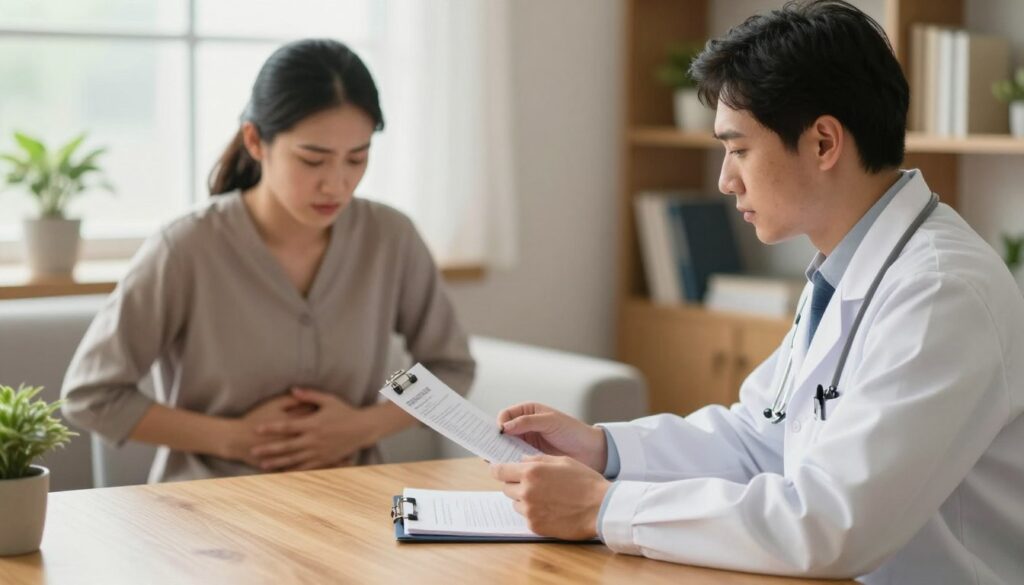 A serene and calming medical consultation scene focused on stomach health. In the foreground, a doctor in a professional white coat, sitting at a sleek wooden desk, analyzing medical charts with a thoughtful expression. In the middle ground, a patient, dressed in comfortable yet modest clothing, appears engaged and at ease, discussing symptoms with the doctor. Soft natural light filters in through a window in the background, illuminating a small potted plant and medical books on a shelf. The mood is warm and supportive, conveying a sense of care in the treatment of stress-related stomach issues, while emphasizing the importance of personalized therapy and understanding in a professional medical setting.