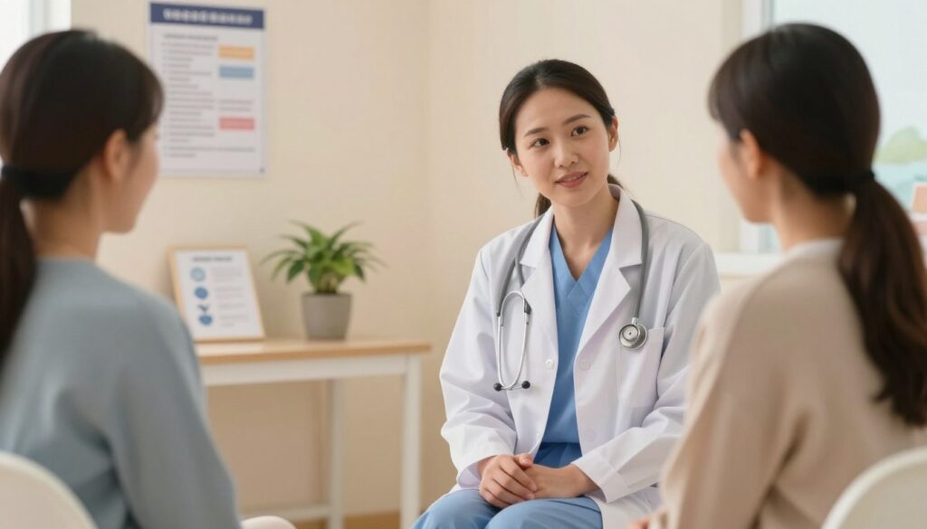 A serene and calming medical setting focused on managing hemorrhoid treatment. In the foreground, display a compassionate healthcare professional, dressed in professional business attire, engaged in a supportive discussion with a patient. Use soft, warm lighting to create an inviting atmosphere. The middle ground features a neatly arranged consultation area with medical charts, a small plant, and a chair for patients, symbolizing comfort and care. In the background, faintly visible, a calming landscape through a window hints at stress relief, with gentle pastel colors. The mood should reflect hope and healing, emphasizing the process of alleviating symptoms and reducing recurrence risks, conveying a sense of professionalism and empathy.