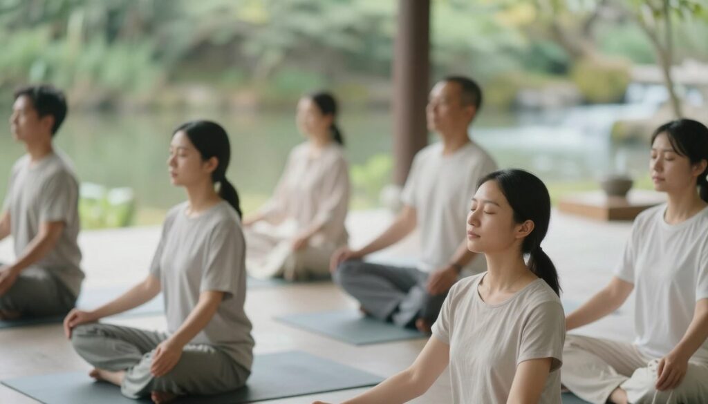 A serene and calming scene depicting a diverse group of individuals practicing breathing exercises in a tranquil environment. In the foreground, focus on two people in modest casual clothing, one sitting cross-legged and the other standing with closed eyes, both exuding a sense of peace and relaxation. The middle ground features additional participants engaged in synchronized deep breathing, surrounded by soft, flowing fabrics that suggest gentle movements. The background showcases a serene nature setting with soft greenery and a flowing water feature, conveying tranquility. The lighting is soft and natural, creating an ethereal glow that enhances the peaceful atmosphere. The angle is slightly elevated, capturing the group harmony and connection with their surroundings, evoking a sense of emotional balance and calm.