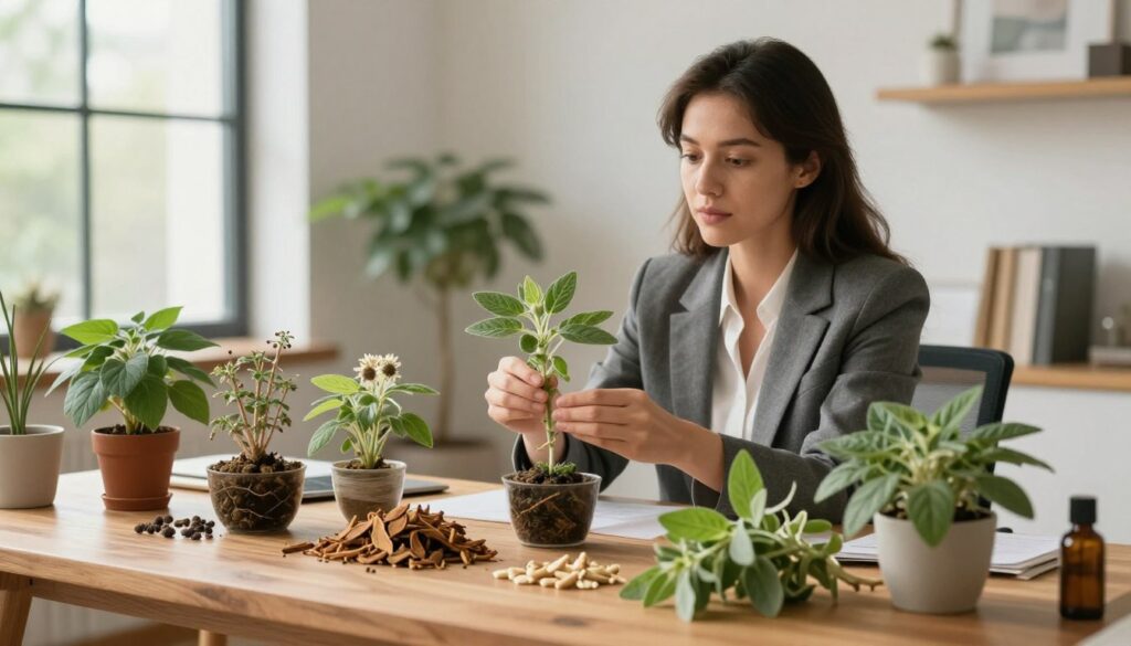 A serene and calming scene depicting a modern workspace infused with elements representing adaptogenic herbs. In the foreground, a collection of adaptogen plants like ashwagandha, rhodiola, and holy basil are artistically arranged on a stylish wooden desk. The middle ground features a professional woman in business attire, gently handling the plants, with a look of focus and curiosity on her face. The background shows large windows allowing soft, natural light to stream in, creating a warm and inviting atmosphere. Subtle greenery outside complements the indoor plants, symbolizing growth and resilience. The mood is tranquil yet inspiring, evoking a sense of balance and well-being in today's fast-paced world.