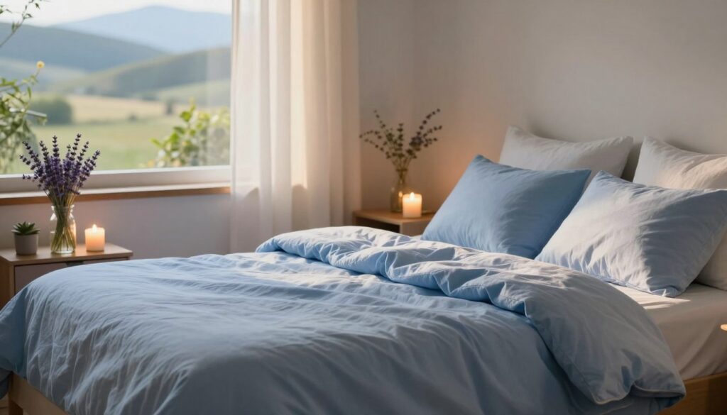 A serene and calming scene depicting a tranquil bedroom environment. In the foreground, a soft, neatly arranged bed with a light blue quilt and fluffy pillows invites relaxation. On the bedside table, there are calming herbs like lavender and chamomile in small glass jars, alongside a glowing candle emitting warm light. In the middle ground, a window with sheer curtains allows gentle, diffused sunlight to filter through, highlighting hints of green from outdoor plants. In the background, a peaceful landscape with rolling hills and a soft blue sky promotes a sense of serene escape. The overall atmosphere is soothing and inviting, with a warm and cozy lighting that enhances feelings of tranquility and comfort. The angle of the shot captures the inviting bed and the relaxing ambience fully, drawing the viewer into this calming space.