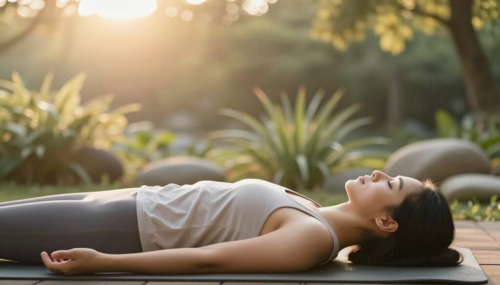 A serene and calming scene depicting muscle relaxation and mental rejuvenation. In the foreground, a person in modest casual attire peacefully lying on a yoga mat, eyes closed, embodying tranquility. The middle ground features soft, flowing plants and gentle stones, symbolizing nature's serenity. In the background, a warm, golden light filters through trees, creating an inviting atmosphere. The overall mood is peaceful and restorative, emphasizing harmony and stress relief. A soft focus lens captures the essence of relaxation, with the angle set slightly above eye level to enhance the feeling of calm and immersion in this soothing environment.