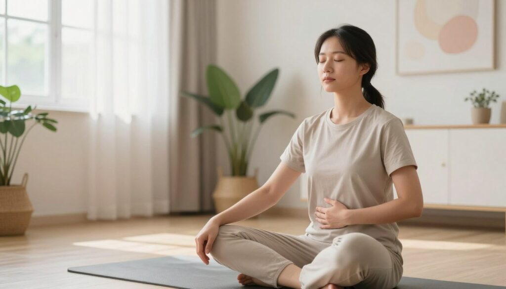 A serene and calming scene depicting progressive muscle relaxation techniques. In the foreground, a calm individual in modest, comfortable clothing sits on a soft yoga mat, eyes gently closed, practicing deep breathing. Their posture reflects relaxation, with one hand resting on their knee and the other on their abdomen. In the middle ground, a well-lit, airy room filled with soft, natural light filters through sheer curtains, highlighting plants that promote tranquility. In the background, soothing pastel colors create a harmonious atmosphere, with gentle abstract art on the walls that symbolizes peace. The mood is peaceful and relaxing, evoking a sense of stress relief and inner calm. The image captures a perfect moment of mindfulness practice.