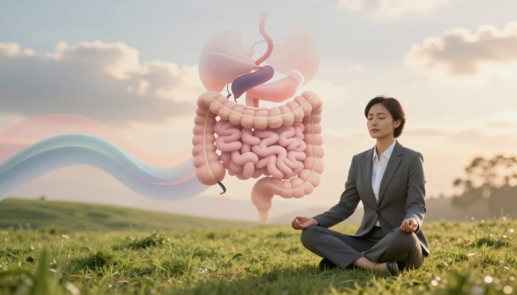 A serene and calming scene depicting the concept of irritable bowel syndrome (IBS) in a metaphorical way. In the foreground, a person in professional business attire sits cross-legged on a soft, lush grass patch, eyes closed, practicing mindfulness and meditation. The middle ground features an abstract representation of the digestive system, with gentle waves and soothing colors flowing around the individual, symbolizing calmness and control. In the background, a blurred image of a peaceful landscape with soft, dreamy clouds and warm sunlight filtering through, creating a tranquil atmosphere. The lighting is soft and warm, enhancing the mood of relaxation and relief. The overall tone should evoke a sense of comfort and healing associated with psychological support and symptom treatment.