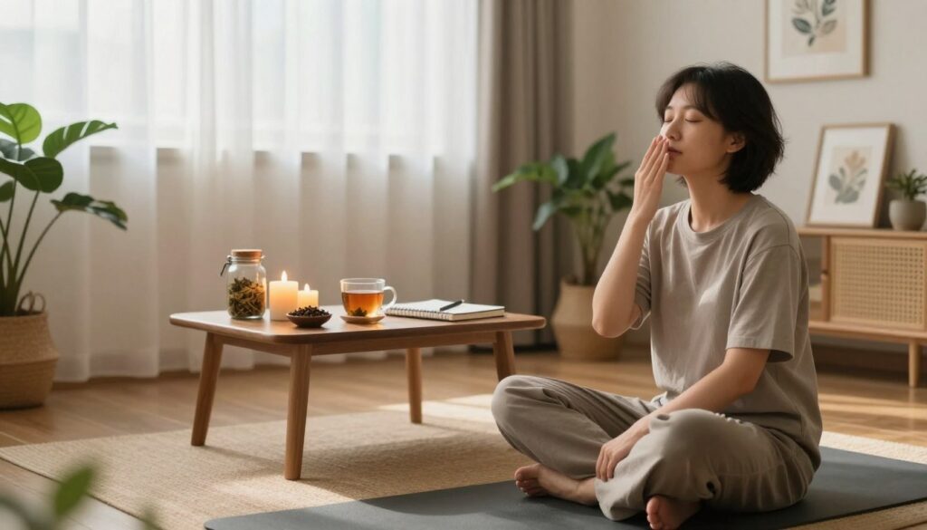 A serene and calming scene depicting various relaxation techniques in a cozy indoor setting. In the foreground, a person in modest casual clothing is practicing deep breathing, seated comfortably on a yoga mat. In the middle, a small table displays soothing items like candles, herbal tea, and a journal for mindfulness. In the background, soft natural light filters through sheer curtains, illuminating the space with a warm glow. Plants and calming artwork adorn the walls, creating a peaceful atmosphere. The mood is tranquil and encouraging, inviting viewers to explore ways to reduce stress and embrace relaxation. The image should evoke a sense of comfort and well-being, capturing the essence of practical stress management techniques. A serene and calming scene depicting various relaxation techniques in a cozy indoor setting. In the foreground, a person in modest casual clothing is practicing deep breathing, seated comfortably on a yoga mat. In the middle, a small table displays soothing items like candles, herbal tea, and a journal for mindfulness. In the background, soft natural light filters through sheer curtains, illuminating the space with a warm glow. Plants and calming artwork adorn the walls, creating a peaceful atmosphere. The mood is tranquil and encouraging, inviting viewers to explore ways to reduce stress and embrace relaxation. The image should evoke a sense of comfort and well-being, capturing the essence of practical stress management techniques.