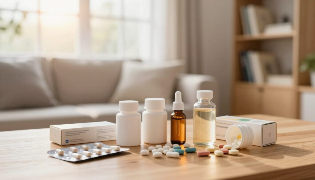 A serene and calming scene featuring a variety of calming medications, focusing on tablets, drops, and syrups, artfully displayed on a clean wooden table. The foreground shows neatly arranged pill bottles and boxes, some opened to reveal colorful tablets. A soothing glass vial with drops reflects soft light. In the middle ground, a blurred peaceful setting of a cozy living room with soft cushions and a bookshelf in natural wood tones. The background features a large window letting in warm, soft sunlight, creating a tranquil atmosphere. The advanced lighting highlights the textures of the surfaces, enhancing a sense of wellness and calmness. The overall mood is one of relaxation and peace, ideal for illustrating the topic of stress relief solutions.