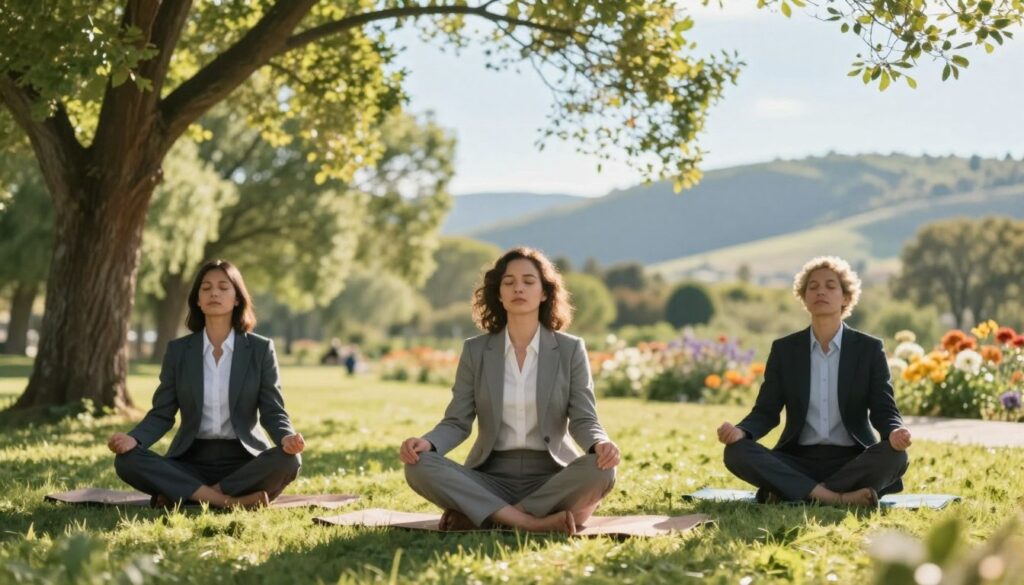 A serene and calming scene illustrating breathwork techniques in a peaceful environment. In the foreground, a diverse group of three individuals, dressed in professional business attire, are practicing deep breathing exercises in a tranquil outdoor setting. They are seated cross-legged on lush green grass, surrounded by gently swaying trees and colorful flowers. In the middle ground, soft sunlight filters through the leaves, casting dappled shadows and creating a warm glow around them. The background features rolling hills and a clear blue sky, enhancing the sense of calm. The overall mood is tranquil and focused, inviting viewers to embrace relaxation and mindfulness. Natural lighting, warm tones, and a slight depth of field highlight the subjects, capturing a moment of serenity in their practice.
