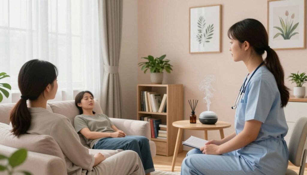 A serene and calming therapy room designed for stress relief, featuring soft natural lighting filtering through large windows with sheer curtains. In the foreground, a therapist in professional attire is seated, actively engaging with a client, who appears relaxed and comfortable on a plush sofa. The middle ground showcases a soothing color palette with pastel walls adorned with framed nature art and a small bookshelf filled with self-help and psychology books. Potted plants add a touch of greenery. In the background, a small table holds aromatherapy oils and a diffuser emitting a gentle mist. The atmosphere is peaceful, emphasizing healing and support, contributing to an overall sense of tranquility and professionalism. The focus is on fostering an ambiance of trust and care. A serene and calming therapy room designed for stress relief, featuring soft natural lighting filtering through large windows with sheer curtains. In the foreground, a therapist in professional attire is seated, actively engaging with a client, who appears relaxed and comfortable on a plush sofa. The middle ground showcases a soothing color palette with pastel walls adorned with framed nature art and a small bookshelf filled with self-help and psychology books. Potted plants add a touch of greenery. In the background, a small table holds aromatherapy oils and a diffuser emitting a gentle mist. The atmosphere is peaceful, emphasizing healing and support, contributing to an overall sense of tranquility and professionalism. The focus is on fostering an ambiance of trust and care.