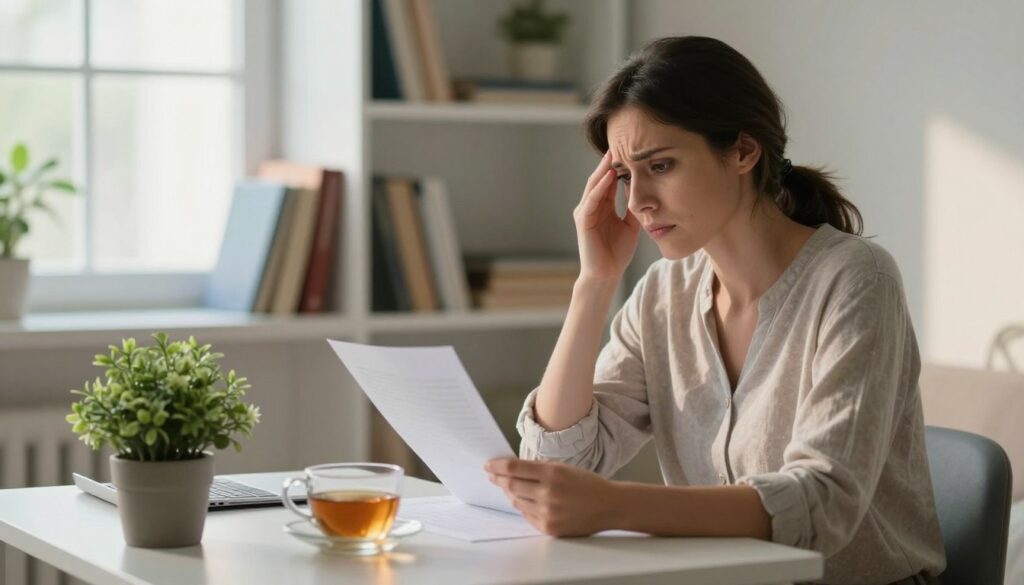 A serene and contemplative scene depicting a person sitting at a small desk in a softly lit room. The individual, a woman dressed in modest casual clothing, looks thoughtfully at a piece of paper, her expression reflecting concern mixed with introspection. In the foreground, a small potted plant and a cup of herbal tea hint at self-care. The middle space shows shelves filled with health and wellness books, symbolizing the search for answers. In the background, a window allows natural light to flood the room, creating a calm atmosphere. Soft shadows play across the space, enhancing a mood of reflection and unease. The image should capture the feelings of stress and the need for awareness regarding one’s health without using any text or overtly clinical imagery. A serene and contemplative scene depicting a person sitting at a small desk in a softly lit room. The individual, a woman dressed in modest casual clothing, looks thoughtfully at a piece of paper, her expression reflecting concern mixed with introspection. In the foreground, a small potted plant and a cup of herbal tea hint at self-care. The middle space shows shelves filled with health and wellness books, symbolizing the search for answers. In the background, a window allows natural light to flood the room, creating a calm atmosphere. Soft shadows play across the space, enhancing a mood of reflection and unease. The image should capture the feelings of stress and the need for awareness regarding one’s health without using any text or overtly clinical imagery.