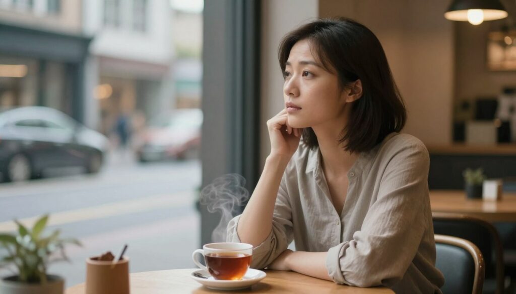 A serene and contemplative scene depicting a woman in her 30s, dressed in modest casual clothing, sitting at a cozy café table by a window. She gazes thoughtfully out into the street, her reflection subtly visible in the glass. Soft, warm lighting illuminates her face, creating a tranquil atmosphere that suggests introspection and contemplation of life's stresses. In the background, faint outlines of bustling city life can be seen, hinting at the external pressures she navigates. A cup of steaming tea sits on the table, symbolizing self-care and comfort amidst chaos. The overall mood is one of calm resilience, inviting the viewer to reflect on the complexities of stress and personal relationships.
